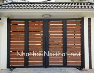 Mẫu cửa cổng sắt 4 cánh giả gỗ đẹp